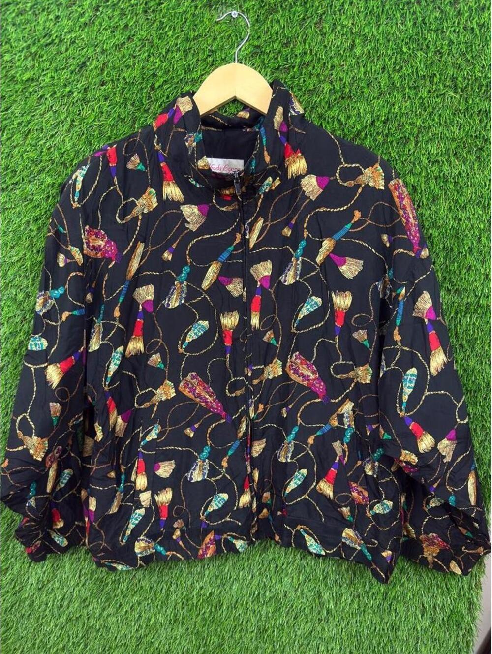 Vintage Rhoda Lynne 100% Silk Tassel Print Windbreaker Jacket Black Size L